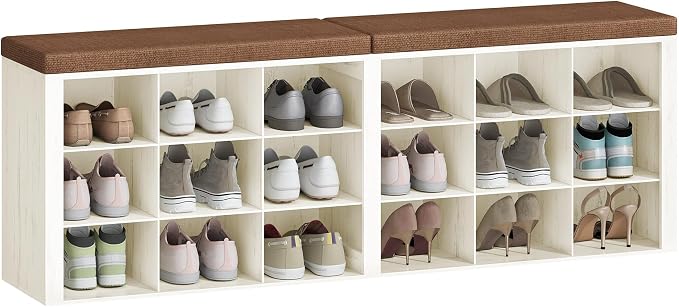 Hzuaneri Shoe Storage Bench with Cushion, Entryway Storage Bench with 18 Cubbies, 9.5" Widened Organizer Cabinet, Long Cubby Rack for Living Room, Bedroom, Entryway, White and Brown SB25714KA