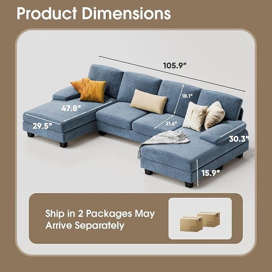 Furmax Sectional Couches for Living Room, U-Shaped Sofa Couch with Linen Fabric, 4 Seat Sofa Set with Double Chaise for Apartment (Chenille, Light Blue)