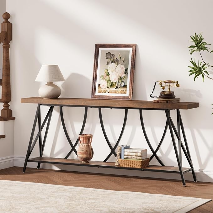 JUSTOGO 70.9" Narrow Console Table for Entryway, Industrial Long Sofa Table Behind Couch, Farmhouse Hallway Table with Storage for Living Room, Entrance, Foyer, Rustic Brown