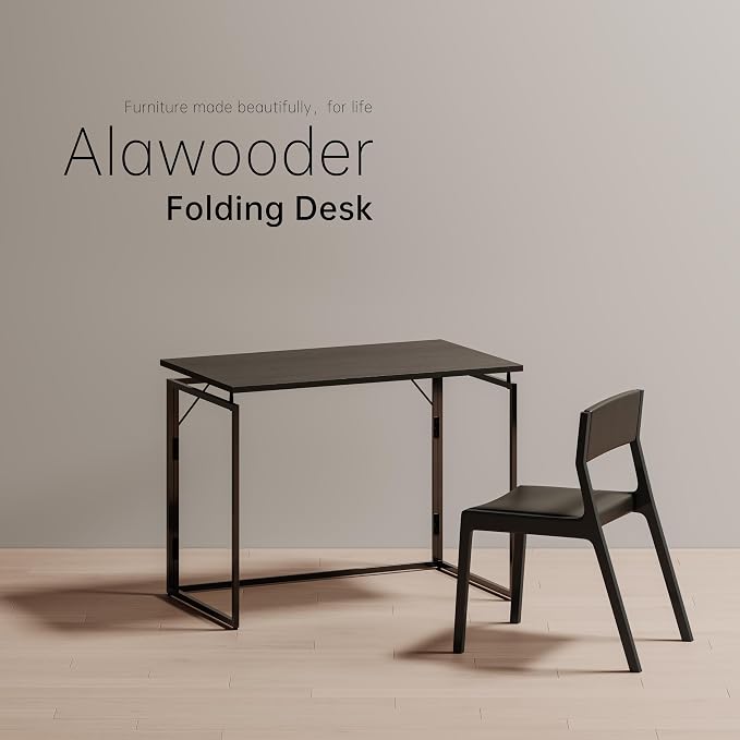 alawooder 31.5" Folding Desk: No Assembly, Wood Top for Small Spaces | Home office desk, holds 150 lbs, folds flat to 2.3 in, splash-proof wood top, sturdy metal frame