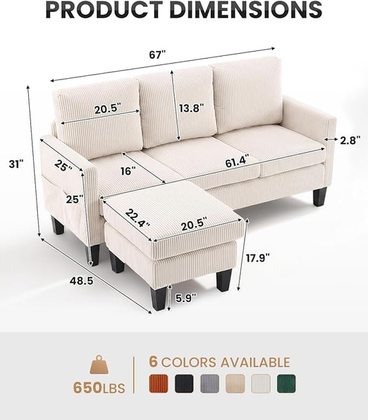 Karl home 67" Small Sectional Couch L Shaped Sofa, Beige | Movable Storage Ottoman, Corduroy Upholstered, Sofa Chaise, Side Pockets 5.9" Sofa Legs for Living Room, Apartment, Studio