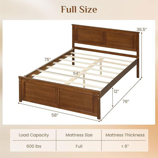Giantex Wood Full Size Bed Frame with Headboard, Farmhouse Solid Platform Bed w/Wooden Slat Support Mattress Foundation, Under-Bed Storage, No Box Spring Needed, Walnut