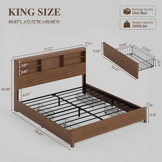 King Size Bed Frame and Tall Headboard & Storage, Metal Platform Bed Frame with 4 Storage Drawers, King Bed Frame with LED Lights & Charging Ports, No Box Spring Needed, Noise-Free, Brown