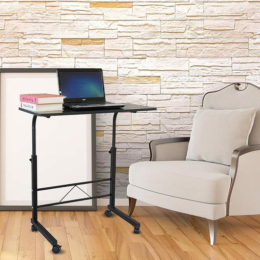 TV Tray Bed Side Table, Portable Rolling Desk Hospital Bed Laptop Table, Small Standing Desk with Wheels Adjustable Height for Sofa, Bedside, Tablet Use, Secure Non Tilt, 31.5" W, Black