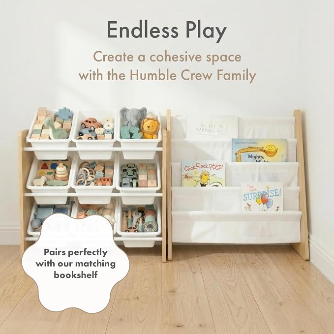 Humble Crew Toy Storage Organizer with 9 Removable Storage Bins for Kids Playroom, 3-Tier Toy Organization, Natural Wood/White