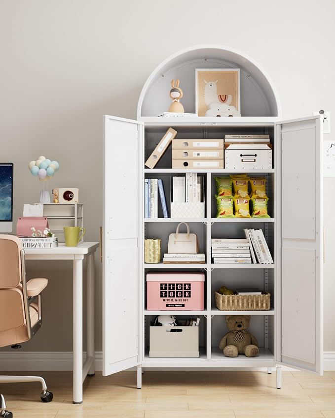 Metal Arched Pantry Cabinet with 6 Adjustable Shelves,Tall Arched Cabinet with 2 Doors for Kitchen, Home,Required Assembly,White,72.8" H x 30.7" W x 15.4" D.