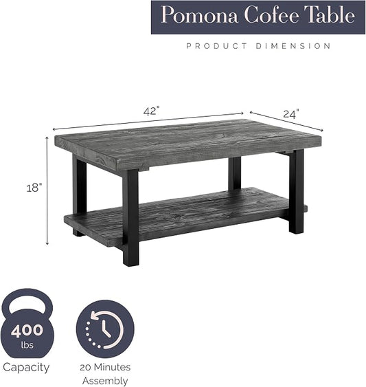 Pomona 42-Inch Rectangular Solid Wood Coffee Table with Storage Shelf & Metal Legs – Modern Rustic Industrial Living Room Table by Alaterre Furniture (Slate Grey)