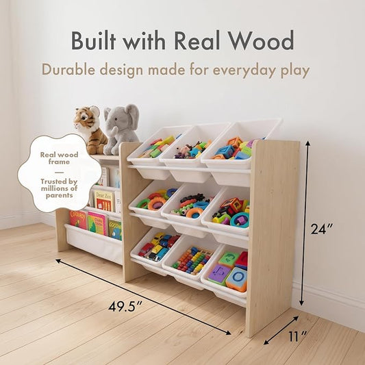 Humble Crew Toy Storage Organizer with Book Shelf and Top Shelf, 9 Removable Storage Bins for Kids Playroom, Toy Organization, Solid Wood, Natural/White