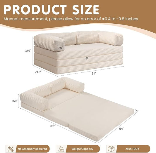 Convertible Sofa Bed Full,5-in-1 Folding Boneless Couch Corduroy Futon Sofa Bed,Tri-Fold Mattress with Removable Armrests & Handle,Sleeper with Pull Out Bed for Small Space Living Room Bedroom,Beige