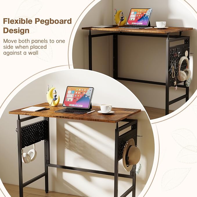 Hadulcet Folding Desk, Foldable Desk Table 40" for Space Saving, Foldable Computer Table for RV, Apartment, Office, Easy Assembly with Movable Pegboard Panels,Rustic Walnut