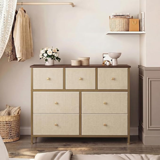 OLIXIS 7 Drawer Dresser for Bedroom, Tall Fabric Storage Tower with Sturdy Steel Frame and Wooden Top, Large Dresser for Living Room Entryway with Easy Pull Fabric Bins,Khaki