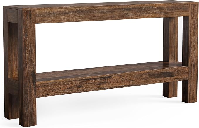 LITTLE TREE 63-Inch Wood Entryway Table, Long Farmhouse Narrow Console Table for Living Room, Hallway, Sofa, Entry, Entrance, Foyer, Behind Couch with 2-Tier Shelves, Brown
