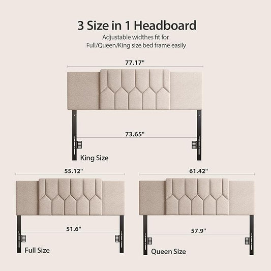 Upholstered Tufted Headboard, 3 in 1 Headboard for Full/Queen/King Size Bed, Height & Width Adjustable Head Board, Attach Frame, Study & Comfortable, Ideal for Bedroom, Dorm, Guest Room, Beige