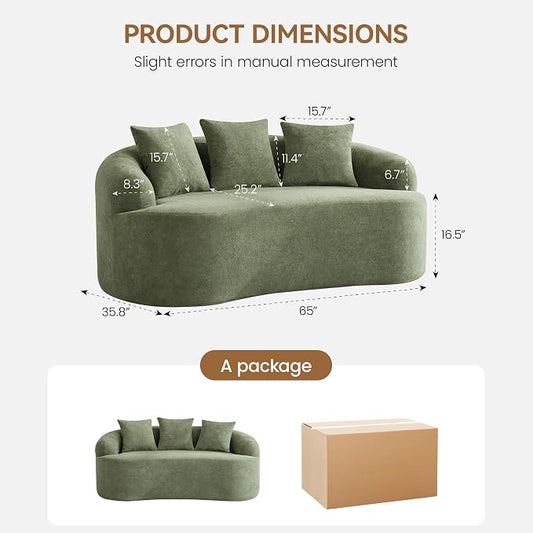 65" Boneless Loveseat Sofa Couch, Modern Comfy Curved Cloud Sofa, Chenille Deep Seat Love Seat Couches for Living Room, No Assembly, Green