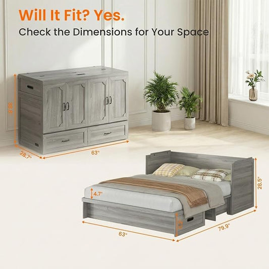 CECER Queen Murphy Bed with Mattress for Small Space/Guest-Grey | Large Storage Drawer & Built-in Multi-Port Charging Station,Space Saving & Easy Assemble and Conversion
