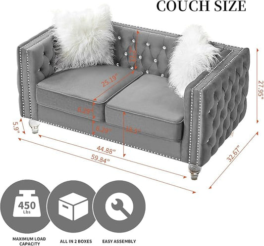 60" Chesterfield Sofa, Velvet Mid-Century Modern Upholstered Loveseat Sofa with 2 Throw Pillows and Acrylic Legs, Nailhead Button Tufted Vintage Couch for Living Room, Apartment, Grey