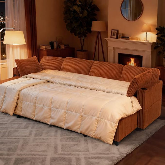 110" Corduroy U-Shape Sofa Bed with Adjustable Backrests, Upholstered Pull Out Sofa Bed with USB Ports, Convertible Sectional Sleeper Couch with Storage Chaise for Living Room, House, Orange