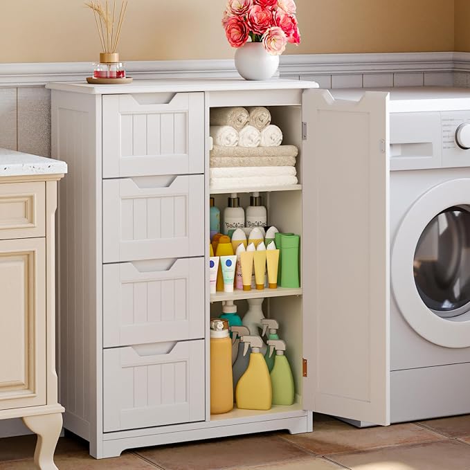 Gizoon Small Pantry Storage Cabinet with Door and Shelves, 33'' Kitchen Pantry Freestanding Wooden Bathroom Storage Cabinet with 4 Drawers for Kitchen and Dining Room, White, Painted