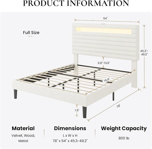 SHA CERLIN Full Bed Frame with LED Light & 2-Tier Storage Shelf, Velvet Upholstered Adjustable Headboard with Charing Station, Horizontal Channel Tufted, No Box Spring Needed, Easy Assembly, White