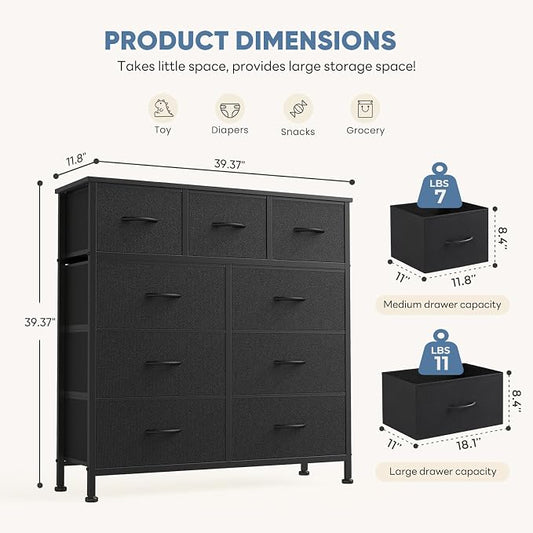 DUMOS 9 Drawer Dresser for Bedroom, Fabric Storage Organizer with Sturdy Metal Frame, Wooden Top Chest of Drawers for Closet Entryway Guest Room,Matte Black