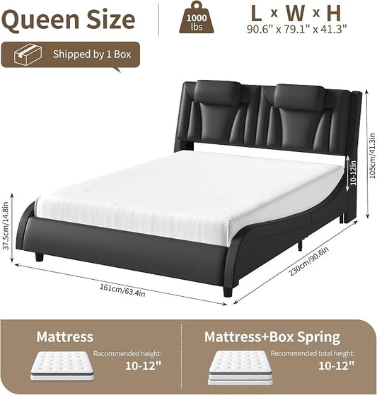 Keyluv Queen Size LED Bed Frame with Adjustable Headboard & Wave-Like Curve Safety Design, PU Leather Upholstered Platform Bed, Solid Wooden Slats Support, Easy Assembly, Black
