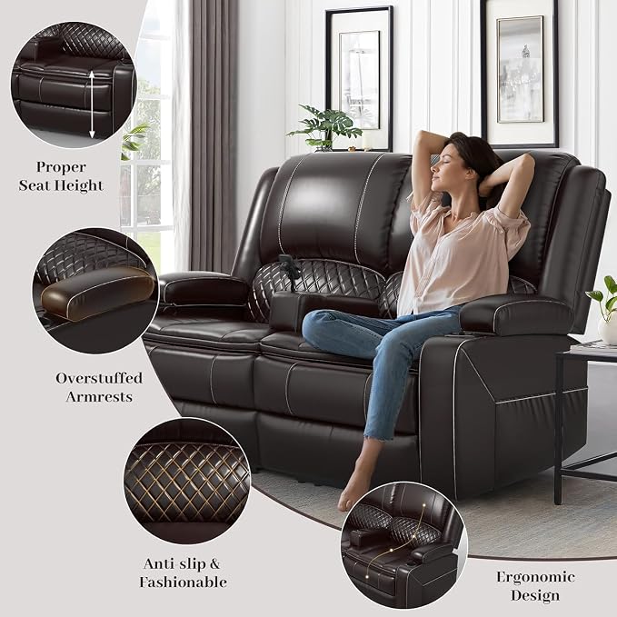 Yolsali Loveseat Recliner Sofa, Manual Wall Hugger Reclining Loveseat with Removable Armrest, 2-Tier Cushions, USB Ports & Cup Holders, PU Leather RV Couch for Travel Trailers/Living Room, Brown