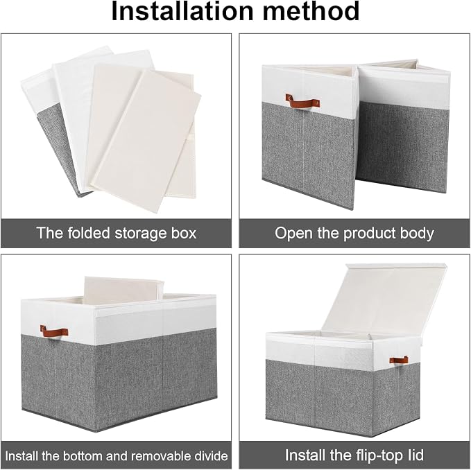 Gowee Large Toy Storage Box with Lid, Sturdy Toys Storage Chest Bin Organizer Basket with Dividers for Kids, Boys, Girls, Nursery, Closet, Bedroom, Playroom 26"x17" x17" (Grey and White)