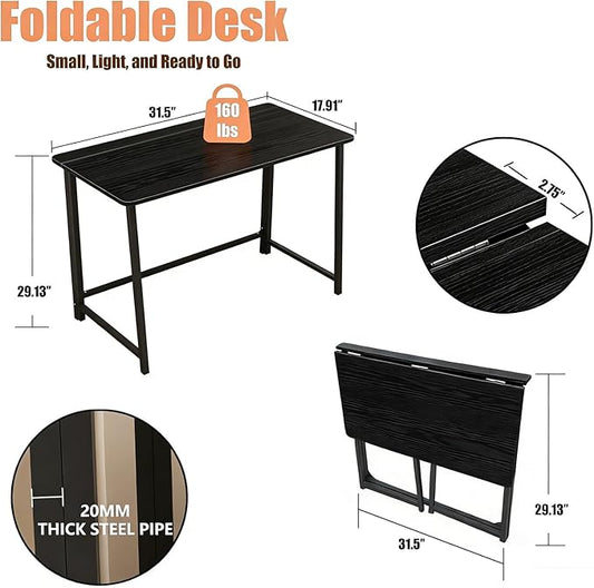 31.5" Folding Desk for Small Spaces, Foldable Computer Table for Home Office,Study,Bedroom,Dorm,Craft, Space Saving,Small Writing Work Office Compact Computer Desk,Easy Assembly,Black