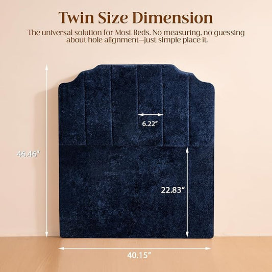 Twin Headboard Only - Blue Velvet Upholstered Headboard for Bed, No Assembly Required, Pure Sponge Design, Comfort Head Board, Place Between Bed & Wall, Vertical Stripe with Stepped Crown Top Edge
