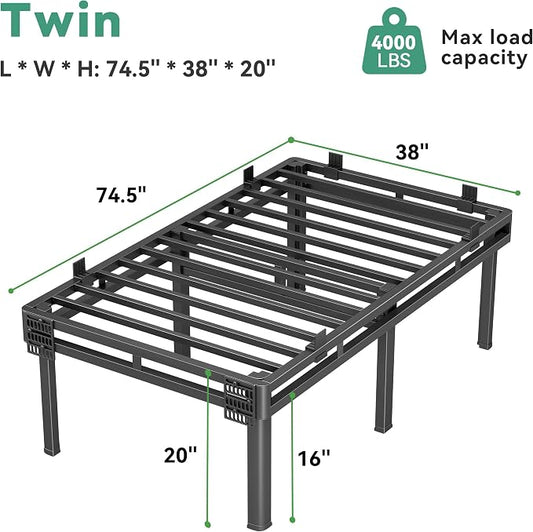 Superay Twin Bed Frame, 20 inch Metal Bed Frame & Box Spring 2 in 1 Platform with Rounded Legs, Double Layer Bed Frame with Matress Gasket & headboard Adapter, Support Up to 4000lbs