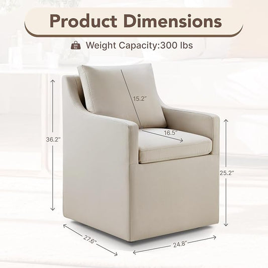 KISLOT Upholstered Dining Chairs Set of 1, Modern Dining Room Chairs with Casters & Washable Cover, Rolling Accent Chair with Hidden Storage for Kitchen, Farmhouse, Living Room, Flax Beige, 1 Box