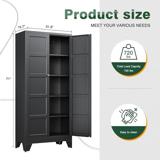 Letaya 71" H Metal Storage Cabinet with 2 Doors and 4 Shelves,Tall Kitchen Pantry Cabinets,Utility Pantry Organizers for Cupboard/Dining/Bathroom/Home Office/Garage (Black, 71" H x 16" D x 32" W)