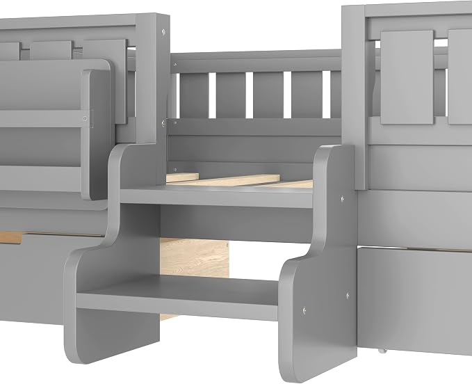Bellemave Full Size Kids Bed with high Rails and with Built-in Bookshelf and Drawers for Kids, Girls, Boys, Wood Montessori Bed Without Door, Gray