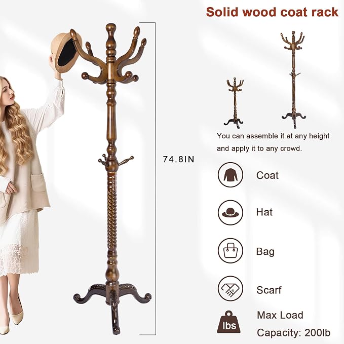 Coat Racks Freestanding, Natural Wood Coat Stands with 14 Hooks, 73" Heavy Duty Adjustable Height Vintage Hall Tree for Entryway, Bedroom, Office, Easy Assembly (Triangular Antique)