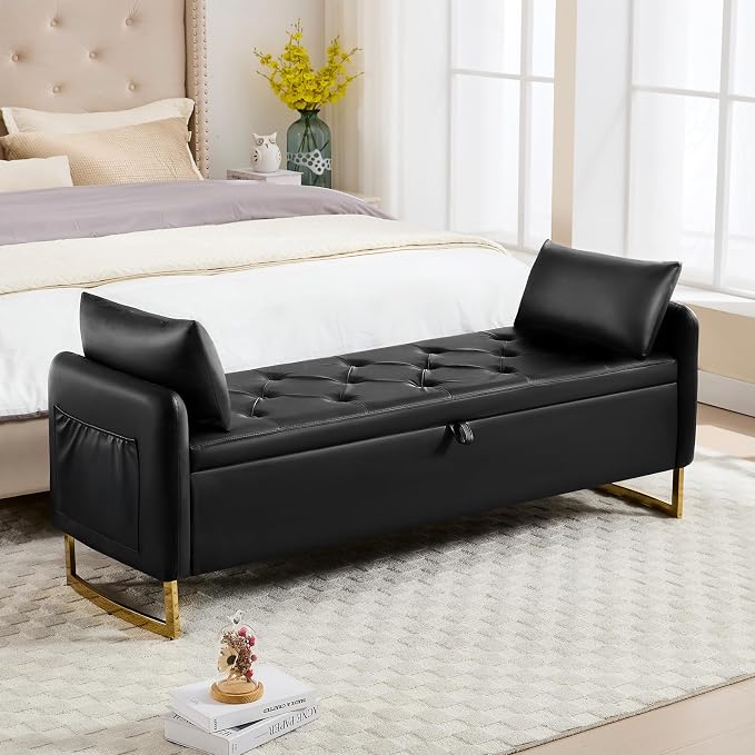 65" End of Bed Storage Bench, Modern Storage Benches for Foot of Bed with Tufted Button and Gold Legs, Upholstered Faux Leather Window Ottoman Benches with Armrests, Black