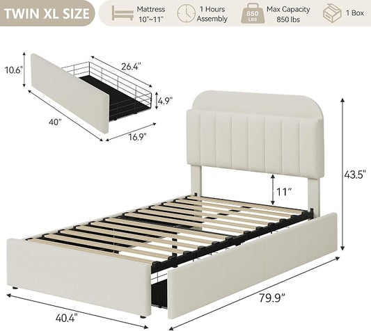 GarveeHome Twin XL Bed Frame with Storage Headboard, Kids Bed Frame with 2 Drawers, Boucle Upholstered Platform Bed with Bookcase, No Box Spring Needed, Easy Assembly, Ivory White