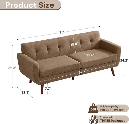 Tbfit 77.2" W Linen Sofa Couch, Mid Century Modern Decor Loveseat Couches for Living Room, Button Tufted Upholstered Small Couch for Bedroom, Solid, and Easy to Install Love Seats Furniture, Brown