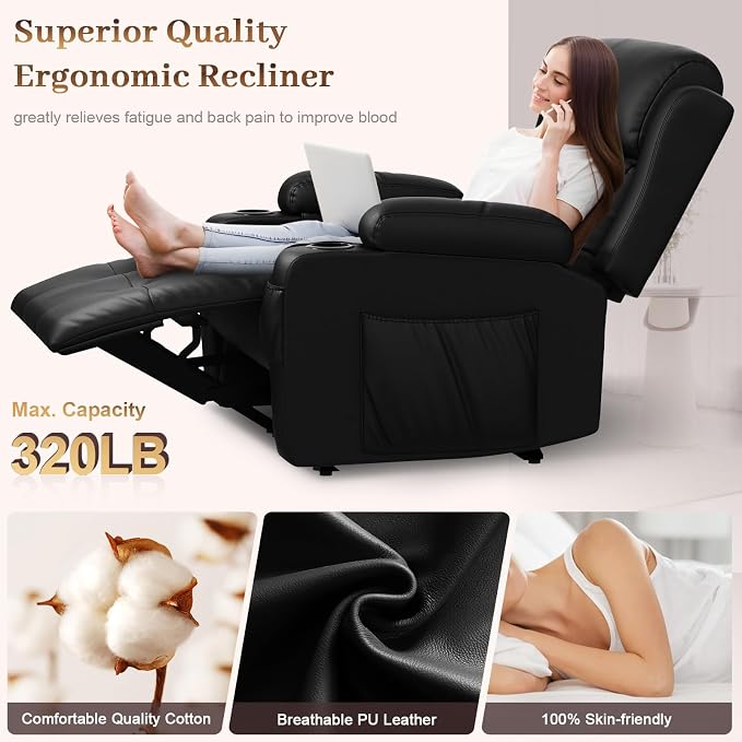 Extra Wide Seat Recliner Chair with Heat and Back Massage, Electric Power Oversized Reclining Chair Infinite Position with Storage Armrests & 2 Cup Holders for Living Room, Manual Recliners