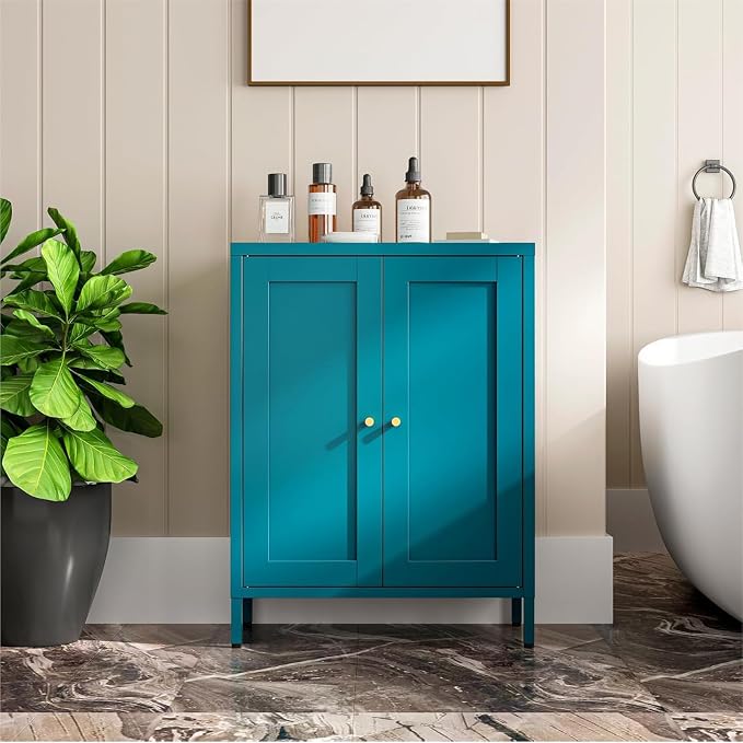 Metal Bathroom Cabinet, Small Floor Storage Cabinet, Freestanding Sideboard with 2 Adjustable Shelves for Living Room, Dining Room, Kitchen (Blue, 31.5" H-2 Doors)