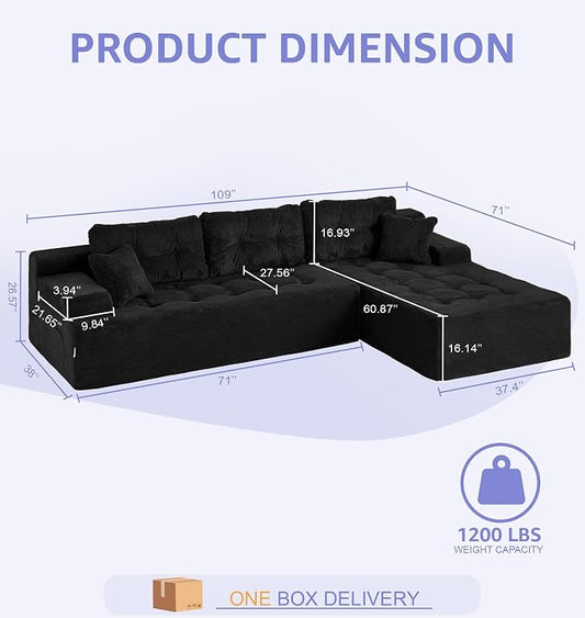 Hobestluk Modular Sectional Sofa Couches L-Shape Couch 3 Seat Modular Sofa Memory Foam Sectional Couches for Living Room, Cloud Couch (Ebony Corduroy, 108", Right Hand Facing)