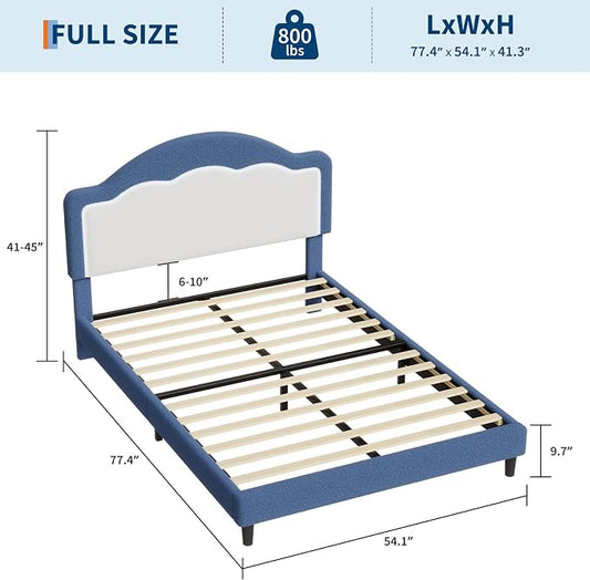 IDEALHOUSE Full Bed Frame with LED Headboard, Boucle Fabric Upholstered Platform Bed with LED Light for Kids, Girls, Wooden Slats Support, No Box Spring Needed, Blue