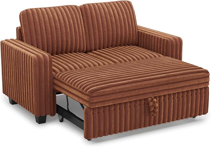 Belffin Corduroy Sectional Sleeper Sofa with Pull Out Bed Modular Sectional Loveseat Sofa Bed for Living Room Brick Red Couch