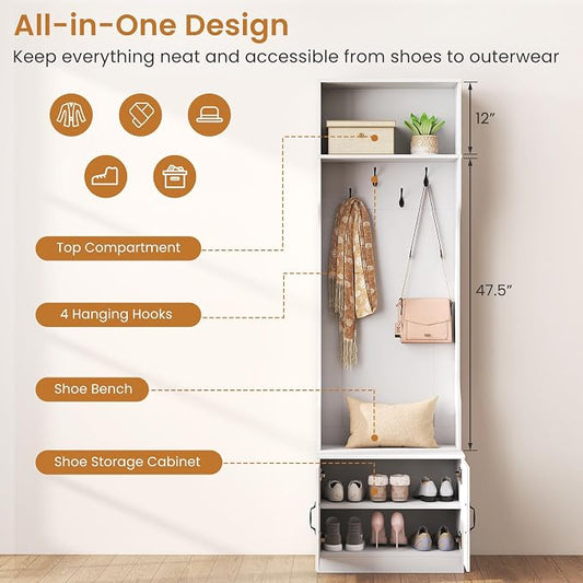 Giantex 3-in-1 Hall Tree with Bench and Shoe Storage, 23.5" Tall Coat Rack with Adjustable Shelves, 4 Hanging Hooks, 2-Door Cabinets, Modern Mudroom Storage Organizer for Living Room, Hallway