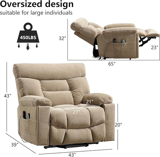 CANMOV Dual Motor Power Lift Recliner Chair for Elderly, 27" Extra-Wide Seat 450 lbs Weight Capacity Infinite Position Adjustment, with Heated Massage, Cup Holders and USB Port, Camel Fabric