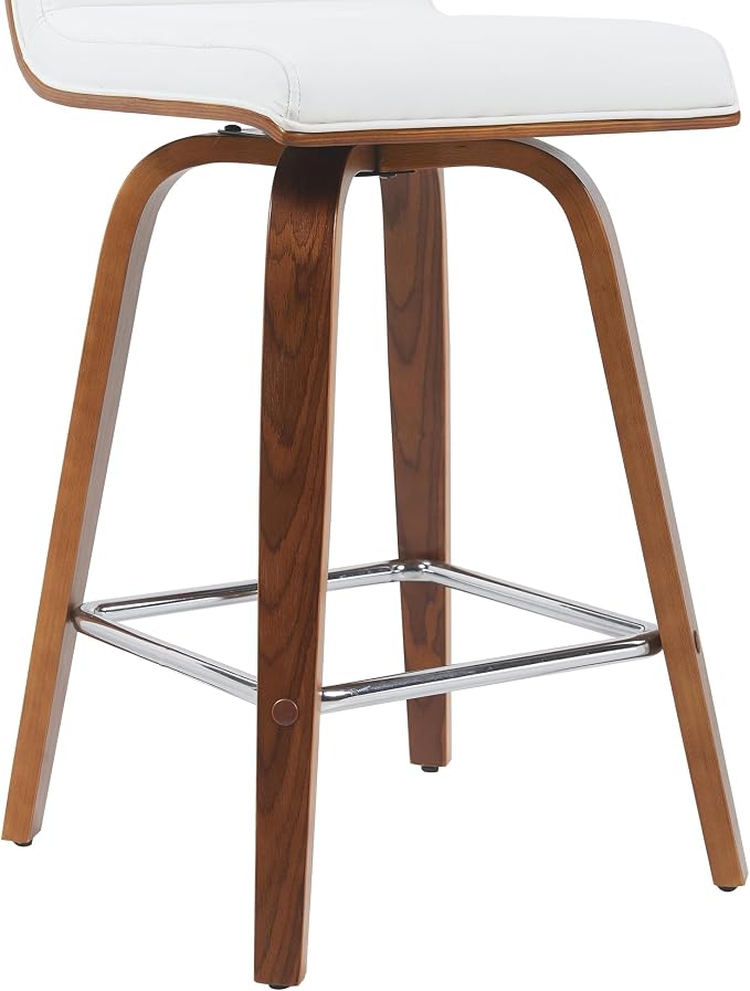 Vienna Modern Counter Height Swivel Bar Stool with Snow White Faux Leather Seat and Walnut Finished Wood Frame Set of 3