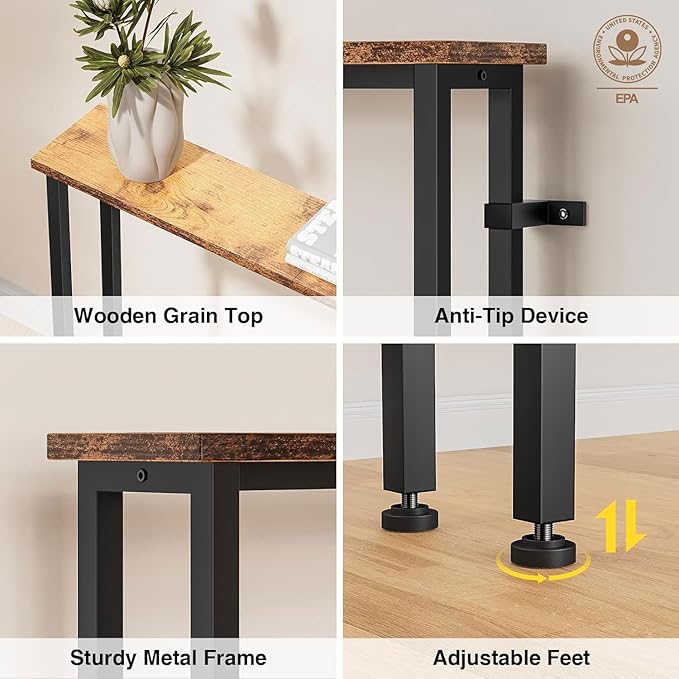 Keelian 78" Narrow Console Sofa Table with Power Outlets & 2 USB Ports, Metal Frame, Rustic Brown, Perfect for Hallway, Office, and Behind Sofa - Easy Assembly, 4.9' Extension Cord Included