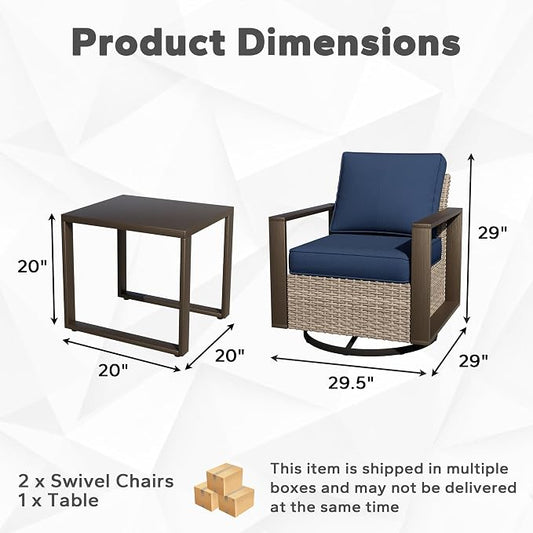 Joyside Outdoor Patio Swivel Rocker Chairs, 3 Pieces Wicker Furniture Set, 2 Swivel Rocking Chairs and 1 Table, Metal Wide Armrest, Thick Cushions and Deep Seating for Garden, Backyard, Porch, Deck