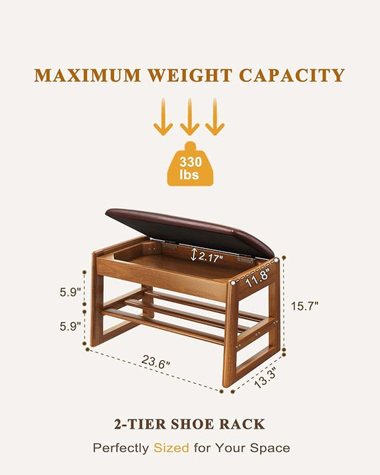 IUNVR Shoe Rack Bench with Hidden Storage, 2-TierSolid Rubberwood Entryway Bench with SoftLeather Cushioned Seat & Flip-Top Storage,330lbs Capacity, Wooden Shoe Organizer forHallway, Closet, Foyer