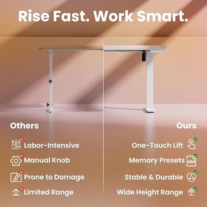 HUANUO 32x19 Inch Small Electric Standing Desk, Adjustable, White | Compact Home Office Desk, 176lbs Heavy Duty Lifting with 4 Height Presets. M8 Screw Holes Ready for DIY Mobile Wheels