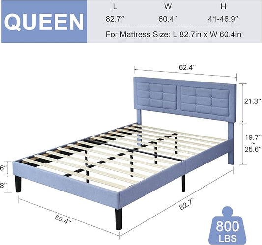 VECELO Queen Size Bed Frame, Adjustable Upholstered Button Tufted Headboard, Heavy-Duty Bedframe with Wood Slats Support, No Box Spring Needed, Light Blue